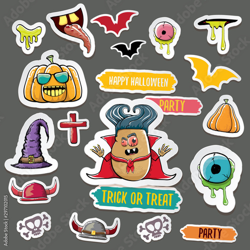 Vector halloween sticker icons set with dracula, witch hat, scary pumpkin, bat , skull, happy halloween text, demon and zombie eyes, wooden cemetry cross, monsters isolated on grey background.