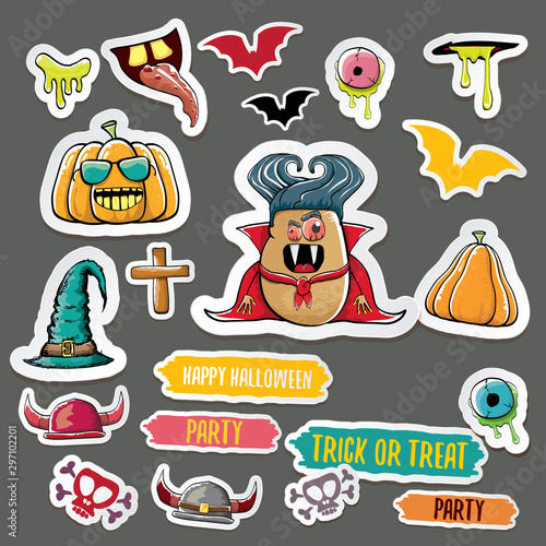Vector halloween sticker icons set with dracula, witch hat, scary pumpkin, bat , skull, happy halloween text, demon and zombie eyes, wooden cemetry cross, monsters isolated on grey background.