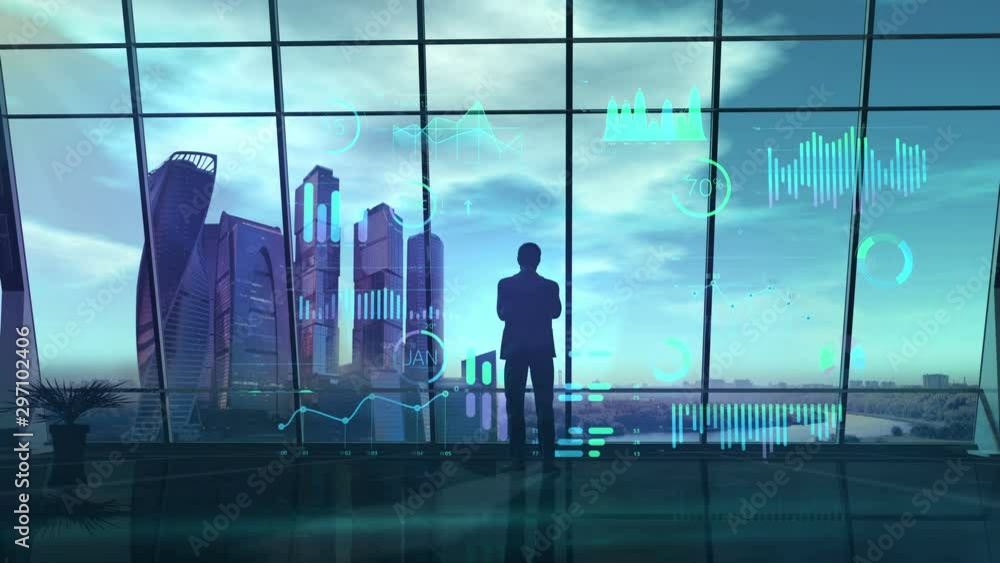 Male silhouette in office opposite virtual infographic. Male silhouette in office opposite virtual infographic.