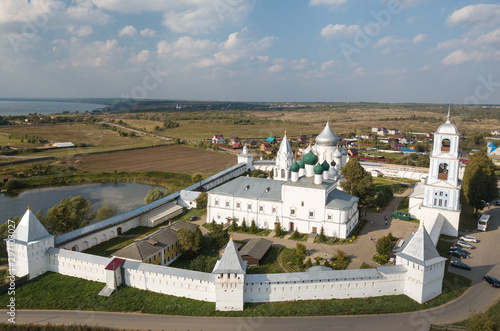 Aerial summer view of wight Nikitskiy monastery with silver domes in Pereslavl Zalessky, Yaroslavl Region, Russia. Golden Ring of Russia photo