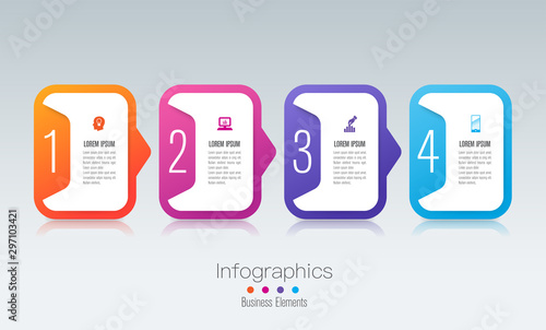 Infographics design paper art style and business icons with 4 options. Use in corporate report, marketing, annual report. Network management data screen with charts, diagrams.