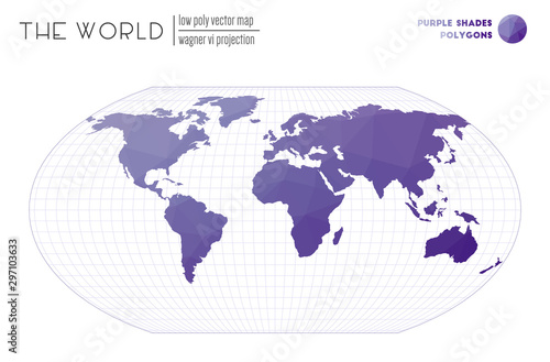 World map in polygonal style. Wagner VI projection of the world. Purple Shades colored polygons. Modern vector illustration.