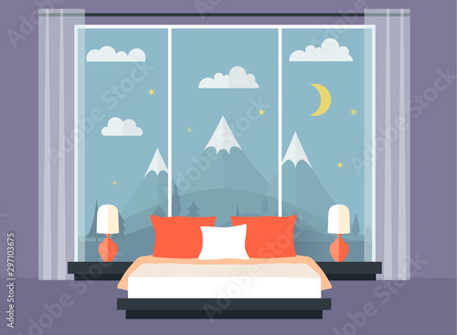 Modern bedroom with a panoramic window at the head of the bed. Minimalistic interior with a bed. Room design in flat style. Nice view from the bedroom window. Vector illustration.