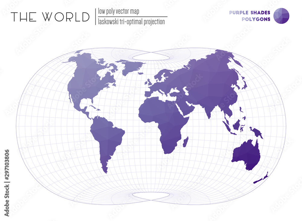 Vector map of the world. Laskowski tri-optimal projection of the world. Purple shades colored polygons. Contemporary vector illustration. Vector map of the world. Laskowski tri-optimal projection of the world. Purple shades colored polygons. Contemporary vector illustration.