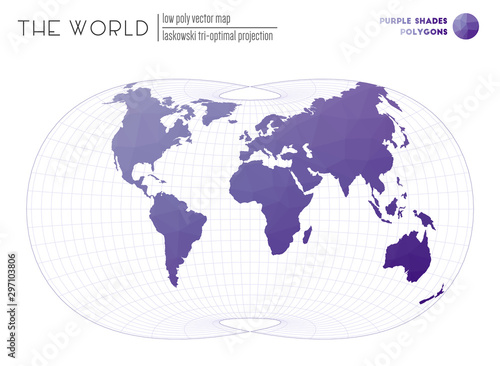 Vector map of the world. Laskowski tri-optimal projection of the world. Purple Shades colored polygons. Contemporary vector illustration.