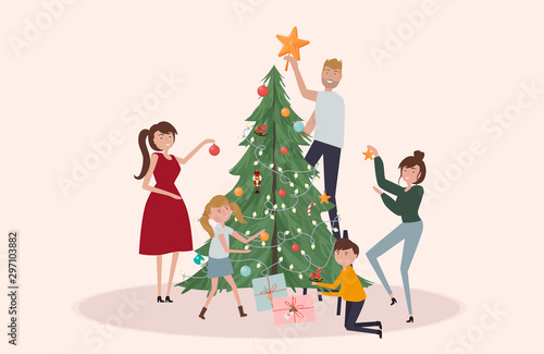 Men, women and children decorating Christmas tree.  Big family spending time together and preparing for celebrating winter holidays. Editable vector illustration.