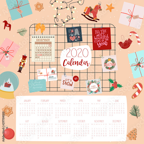 2020 Yearly Planner with all Months. Wall calendar with christmas elements and mood board. Editable Vector illustration