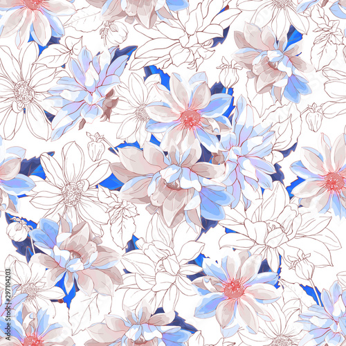 Floral Seamless Pattern with Flowers Dahlias on White Background. Watercolor Style. For Textile  Wallpapers  Print  Greeting. Vector Illustration.