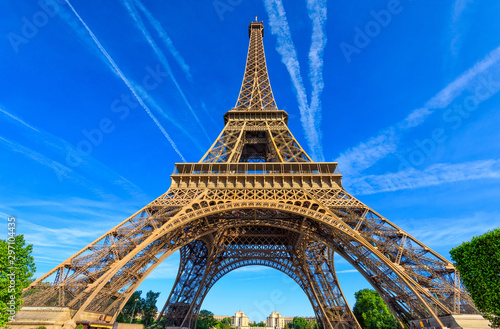 Paris Eiffel Tower in Paris, France. Eiffel Tower is one of the most iconic landmarks in Paris. Architecture and landmarks of Paris.