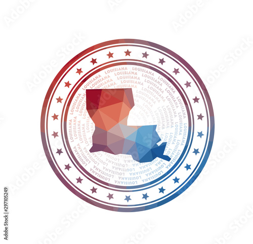 Flat low poly stamp of Louisiana. Polygonal Louisiana badge. Trendy vector logo of the US state.