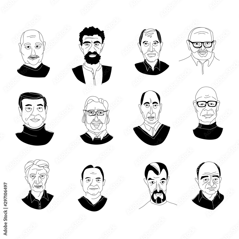 Fototapeta premium Men's head portraits grunge line drawing set doodle poster