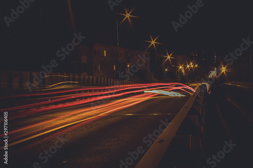 Night city traffic lights long exposure on Independence Street  strada Independentei   Bartolomeu Bridge  Podul Bartolomeu   Brasov