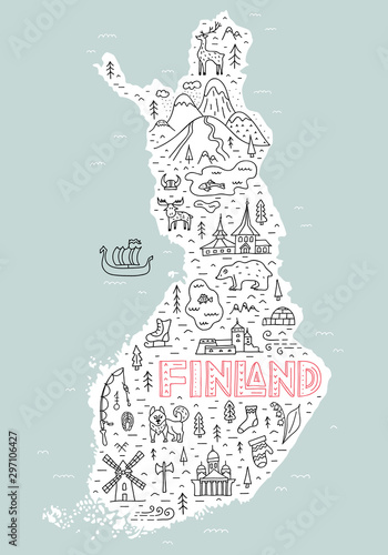 Hand-drawn cartoon map of Finland. The main symbols and attractions of the country in outline style. Vector poster with lettering on the theme of travel in Finland.