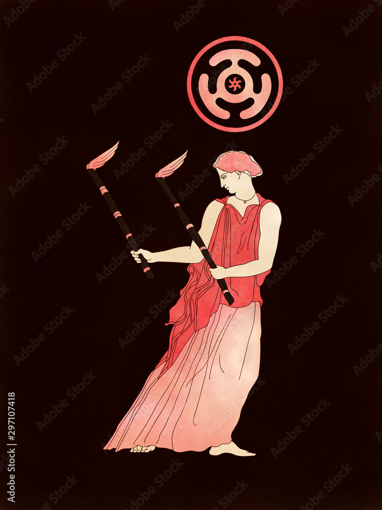 Goddess Hecate With Torches and Her Moon Wheel Symbol, based on ancient greek pottery and ceramics red-figure drawings