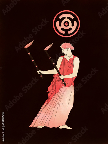 Goddess Hecate With Torches and Her Moon Wheel Symbol, based on ancient greek pottery and ceramics red-figure drawings