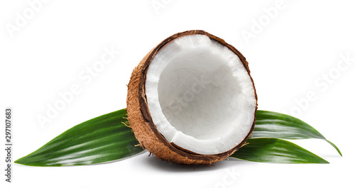 Delicious coconut with leaves, isolated on white background