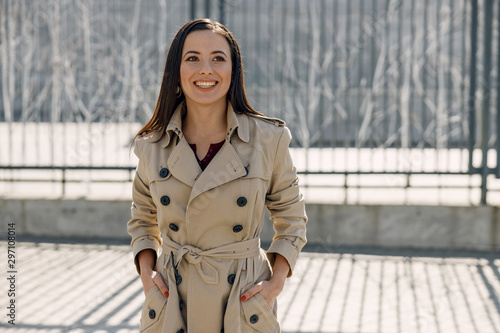 Positive delighted brunette girl enjoying her walk