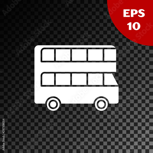 White Double decker bus icon isolated on transparent dark background. London classic passenger bus. Public transportation symbol. Vector Illustration