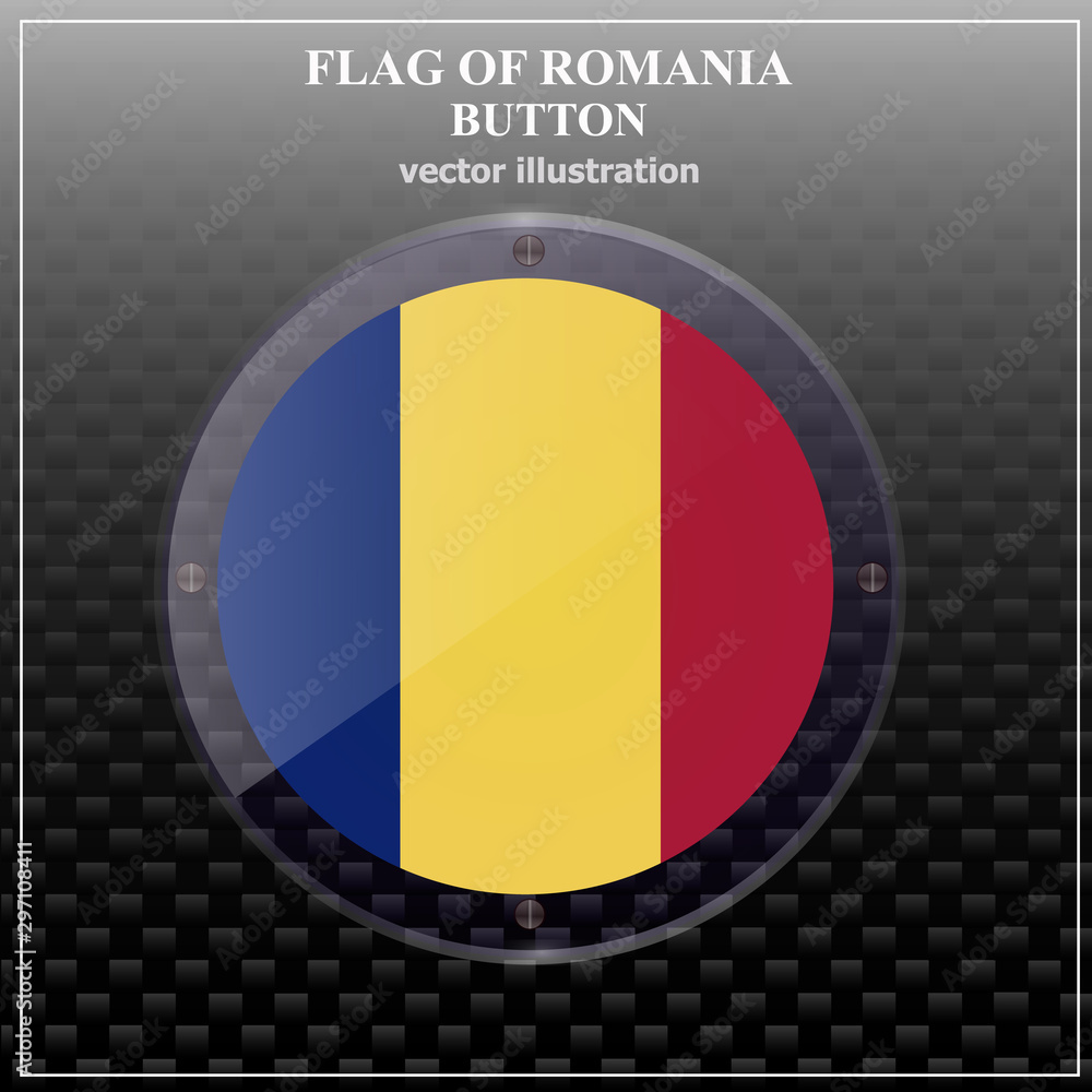 Fototapeta premium Bright transparent button with flag of Romania. Happy Romania day button. Bright illustration with flag . Vector.