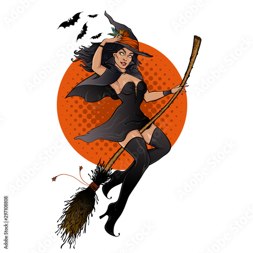 Witch on a broomstick. Pretty woman in black witch hat flying on a broomstick. Halloween mascot in pin up style for cards, posters, label design, tee shirt prints.  