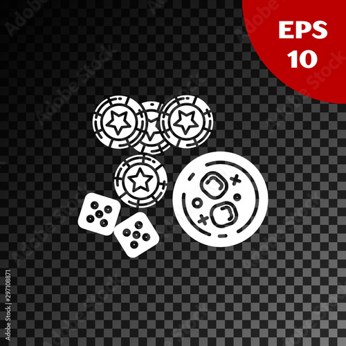 White Casino chips, game dice and glass of whiskey with ice cubes icon isolated on transparent dark background. Casino poker. Vector Illustration