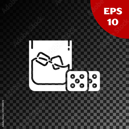 White Game dice and glass of whiskey with ice cubes icon isolated on transparent dark background. Casino gambling. Vector Illustration
