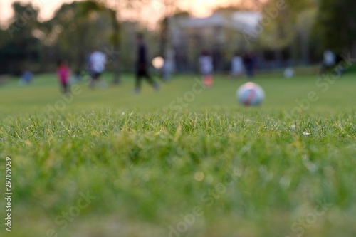close up green grass. Blur people playing outdoor background . Low angle