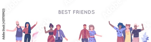 Friends characters. People hanging together, minimal trendy friendship concept for web design. Vector illustrations different people groups set, as searching hugging friends girl and guy