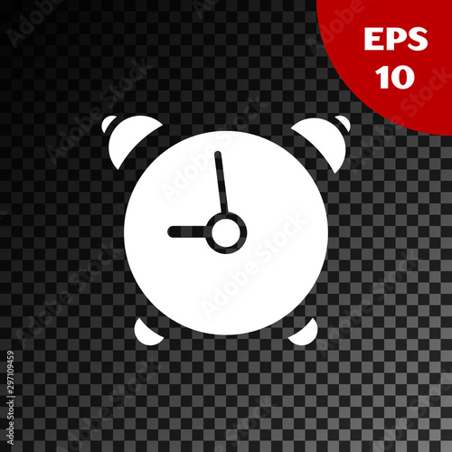 White Alarm clock icon isolated on transparent dark background. Wake up, get up concept. Time sign. Vector Illustration