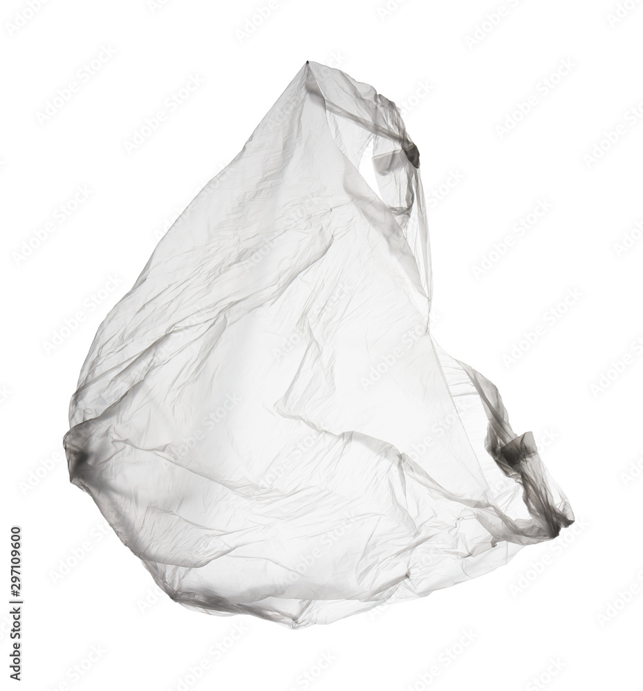 flying transparent used polyethylene bag isolated on white background