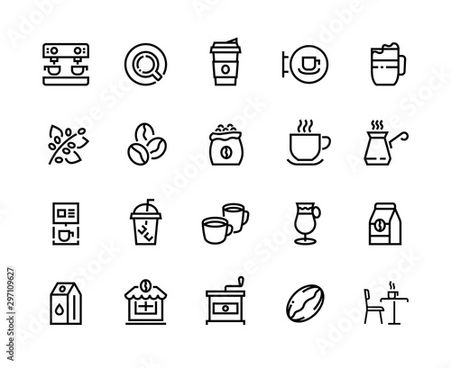 Coffee line icons. Beans take out cups and mugs coffee shop, coffee maker machine and roasting grains. Vector linear illustrations outline latte cappuccino espresso illustrative symbols set