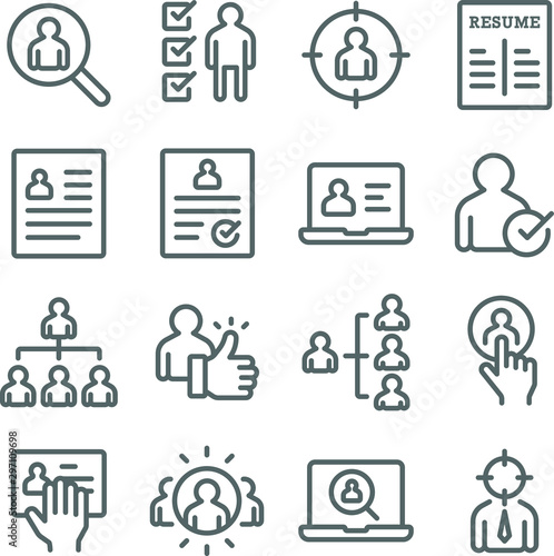 Headhunting icons set vector illustration. Contains such icon as Resume, Candidate, Career path and more. Expanded Stroke