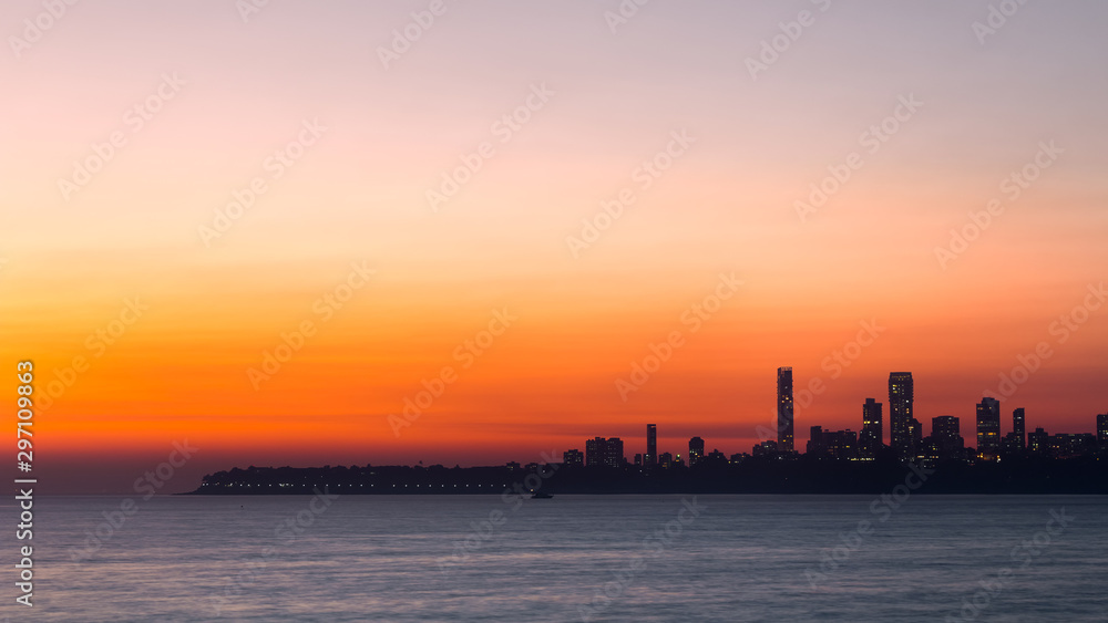 View of Mumbai's Beautiful Skyline from Marine Drive during Sunset