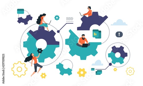 Cogwheel cooperation concept. Flat gear business mechanism, people management and organization. Vector illustrations integration mechanism business communication into people lives
