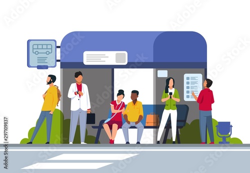 People on bus stop. Cartoon characters in queue waiting for public transport, diverse male and female characters. Vector illustration flat banner man and women wait bus