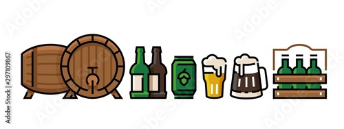 Beer icons. Bottle pub mug with beer foam, can and bar glass, vintage minimal beer design template. Vector cold drinks menu and pub equipment set