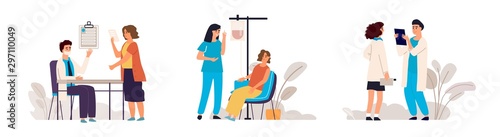 Doctor appointment. Cartoon blood donation in medical hospital scene, medical check up technology concept. Vector illustrative donor assistance template with nurse, men and woman