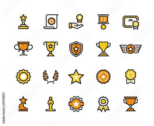 Prize line icons. Trophy medal and winner cup symbols, lottery prize and competition award. Vector colour reward set with quality diploma for message rankings high glory