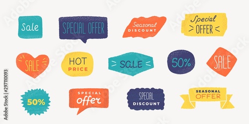 Grunge promo badge. Sale text banner with, discount and special offer label with grunge texture. Vector colorful coupon sticker emblem set for promo design discount action
