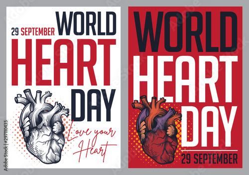 World Heart Day. Human heart poster set with lettering. Greeting banner, card, logo, sign, sticker.
