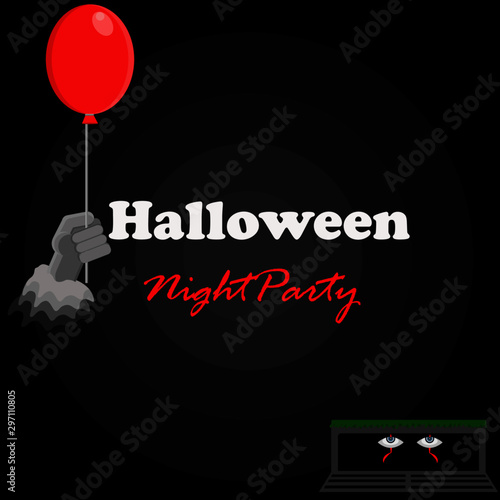 Halloween night party greeting card. And hand of evil clown with red air balloons and eyes in the sewers flat vector design,illustration vector