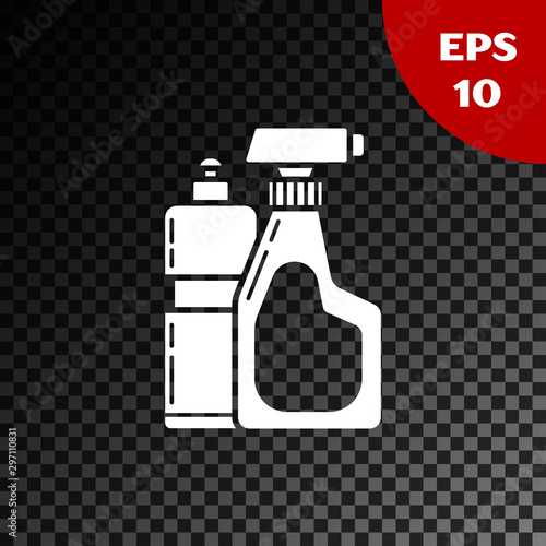 White Plastic bottles for liquid laundry detergent, bleach, dishwashing liquid or another cleaning agent icon isolated on transparent dark background. Vector Illustration