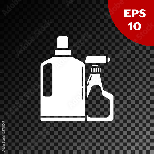 White Plastic bottles for liquid laundry detergent, bleach, dishwashing liquid or another cleaning agent icon isolated on transparent dark background. Vector Illustration