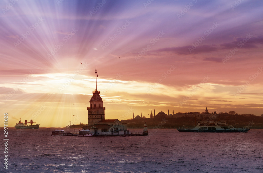 Kizkulesi photographed at sunset in the historical symbols of the Bosphorus