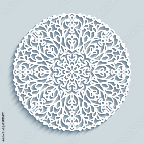 Round lace doily under cake, circle crochet pattern, cutout paper decorative snowflake, mandala stencil ornament, lacy template for laser cutting