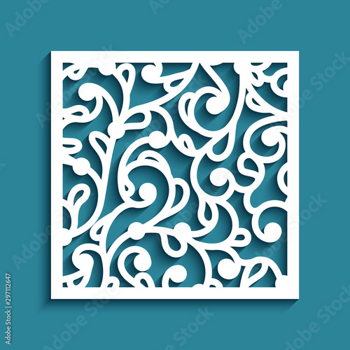 Square tile with cutout paper swirls, floral lace texture, elegant stencil pattern, template for laser cutting or wood carving