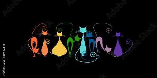 Funny cats family, black silhouette