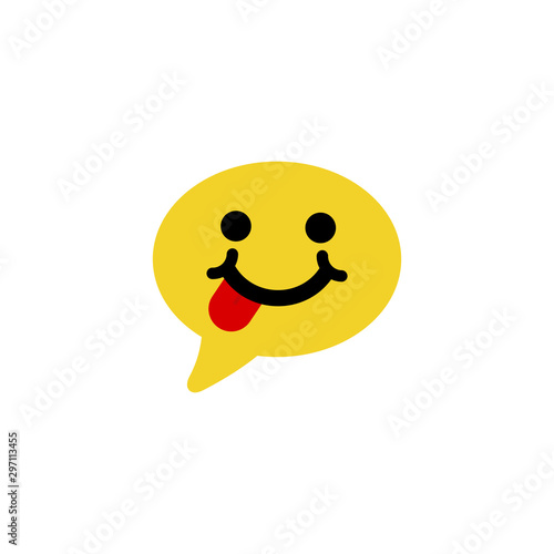 Emoticon with tongue sign. Speech bubble yellow symbol. Classic flat style. Stock vector illustration on white background.