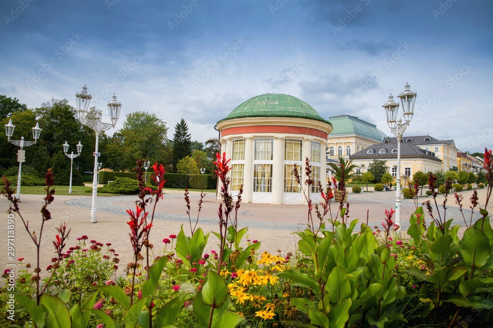 Pedestrian precinct and pavilion of spring - center of resort Frantiskovy Lazne (Franzensbad) - great Bohemian spa town is situated north of historical city Cheb in the west part of the Czech Republic