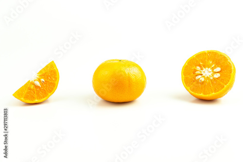 Orange Mandarin wedges,full,half isolated on white background